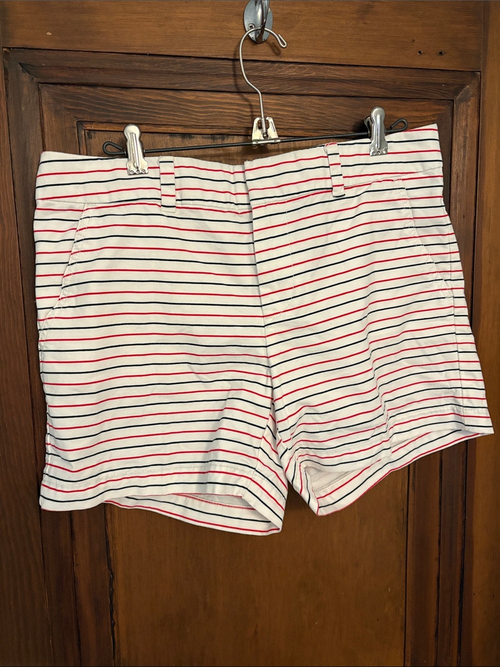 Striped White womens Shorts with Red & Navy Pinstripes
